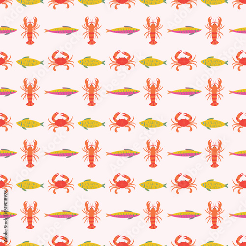 Summer seamless pattern with lobster, crab, sardines, fish. Tropical vacation background, cute textile design, Mediterranean wrapping paper. Seafood Coastal summer marine print for fabric.