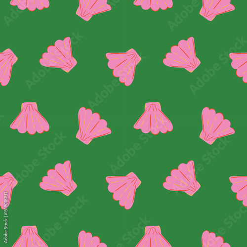 Pink shells seamless pattern on green background. Vibrant quirky summer coastal theme print for fabric, gift wrap, banner, textile design. 