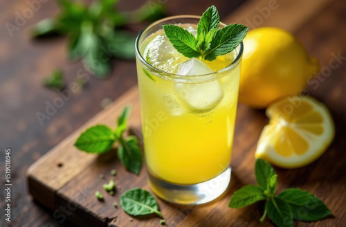 glass of lemonade with condensation and scattered mint leaves on wooden table, top view, soft shadows