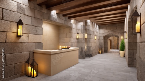 A castle hotel check-in area with stone walls, candlelight, and medieval elegance