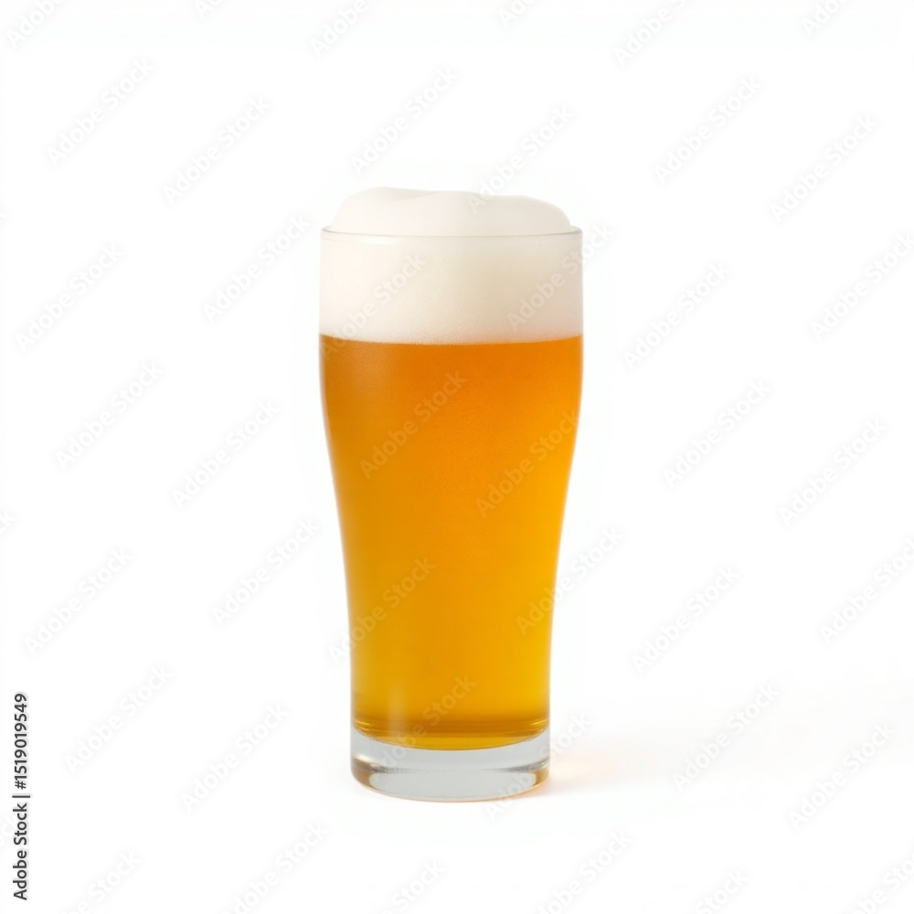A single glass of beer with a frothy white head on a white background in a studio setting is shown here created with generated ai A single glass of beer with a frothy white head on a white background in a studio setting is shown here created with generated ai