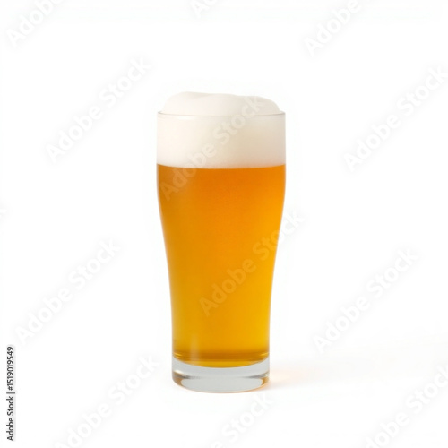A single glass of beer with a frothy white head on a white background in a studio setting is shown here created with generated ai