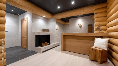 A mountain chalet check-in desk with log walls, a fireplace, and cozy vibes