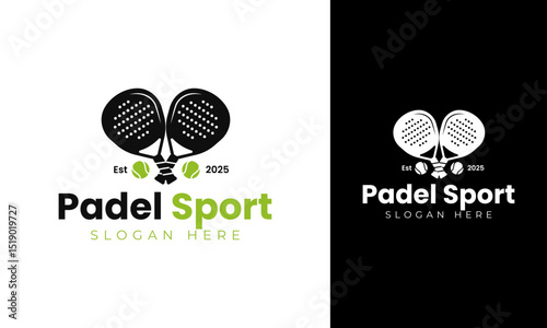 Padel sport logo design. Sport symbol with duo racket and ball tennis competition. Paddle tennis vector illustration