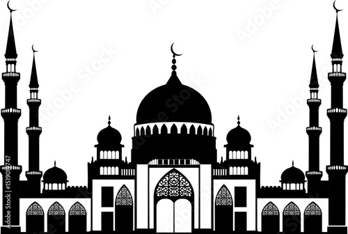 Fotografía Black Mosque Silhouette with Minarets and Crescent Moons