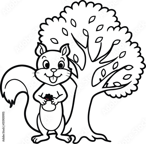 A happy squirrel holding an a corn under a big oak Tree Adobe Illustrator Artwork