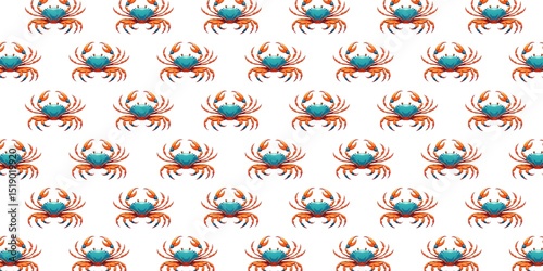 A seamless pattern of colorful cartoon crabs is arranged in rows on a white background.
