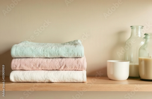 Organized shelf detail with folded pastel towels, minimalist decor items like a candle and a glass bottle, against soft beige wall