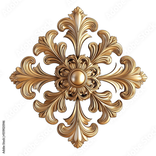 Ornate gold diamond-shaped relief with floral and leaf motifs, exhibiting a three-dimensional texture and central pearl-like embellishment