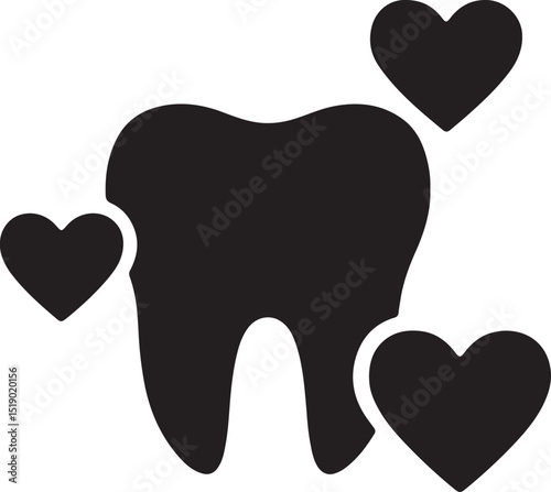 Tooth surrounded by hearts icon silhouette vector. Perfect for dental care, customer love, and patient trust.