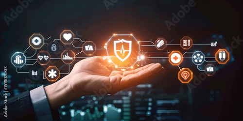 Cloud Computing Solutions Secure Digital Data Management	, a bussiness man hand reaching holographic items , shield on hand, bussines icons 