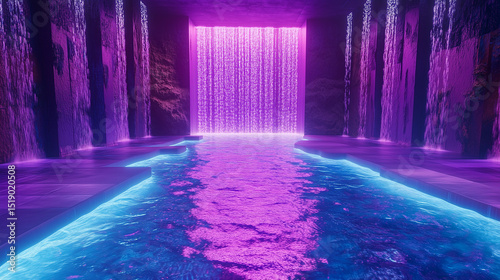 Bright blue pink and violet rectangle neon light portal background with water floor