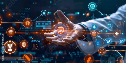 Cloud Computing Solutions Secure Digital Data Management	, a bussiness man hand reaching holographic items 
