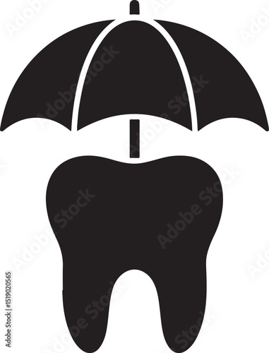 Tooth under umbrella icon silhouette vector. Ideal for dental protection, care, insurance, and oral health safety.