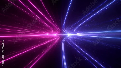 Neon lines converging in a dark tunnel