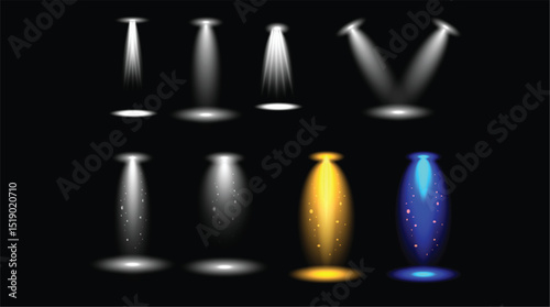 Spotlight Vector Set – Stage Light Effects in White, Yellow, and Blue on Black Background