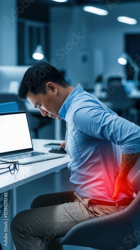 Man Experiencing Back Pain While Working at Computer in Office