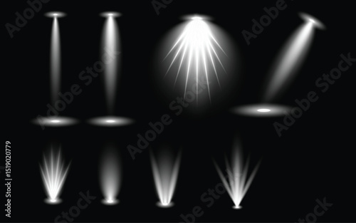 Set of White Spotlights with Light Beams on Dark Background – Vector Stage Lighting Effects