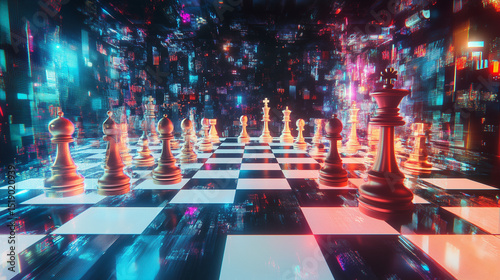 Digital chess game with hologram elements on a chessboard enigmatic environment dynamic perspective