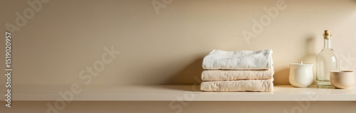 Organized shelf detail with folded pastel towels, minimalist decor items like a candle and a glass bottle, against soft beige wall