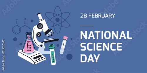 Science day poster. Chemistry or biology laboratory tools, experiments and tests elements, flasks and microscope, scientific, medical and research banner template, garish vector concept