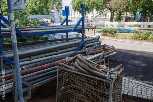 There are many pipes on a construction site