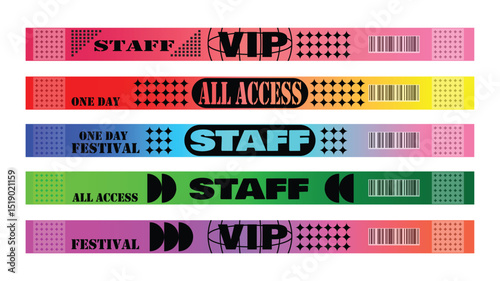 Colorful Festival Wristbands with VIP, Staff, and All Access Labels – Vector Illustration
