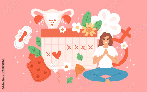 Critical days schedule. Menstrual calendar, female cycle control, ovulation and pregnancy tracking, pms syndrome, woman meditation, panties, pads and tampons garish vector concept
