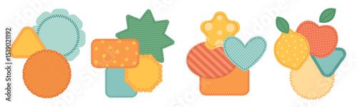 Cloth patches compositions. Patchwork color collages, various shapes textile pieces, decorative stitched fabric labels, creative decorative textile sewing badges, garish vector isolated set