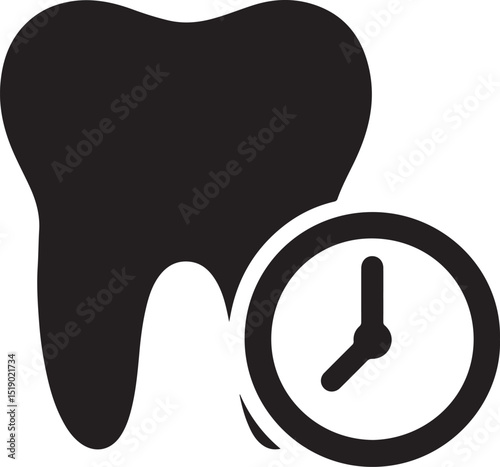 Tooth with clock icon silhouette vector. Perfect for timely brushing, dental routine, and oral hygiene awareness.
