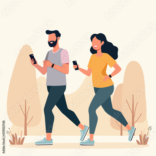 A male and female are doing work out with use smartphone and smartwatch at city park space