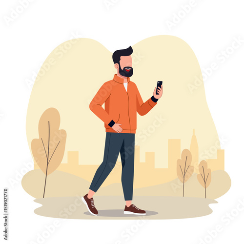 A man is doing sport with smart phone at the city park