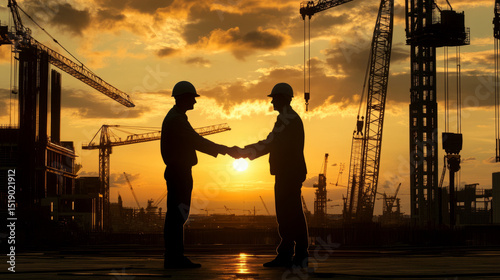 Fototapeta Naklejka Na Ścianę i Meble -  Business agreement between construction contractors at sunset urban construction site silhouette view professional collaboration
