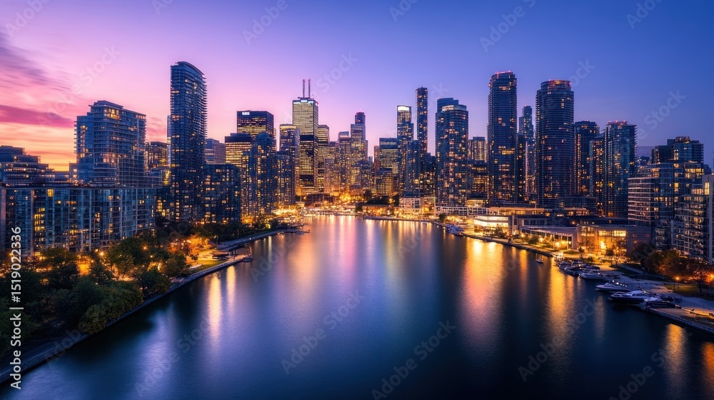 Naklejka premium Vibrant city skyline at twilight reflecting on calm water