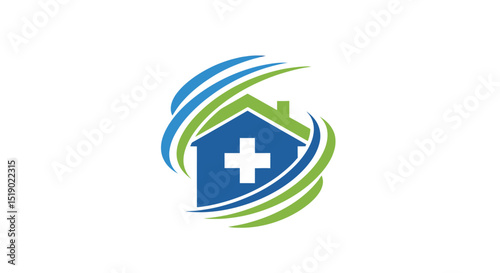 Home Healthcare Logo Blue House Green Swirls White Cross