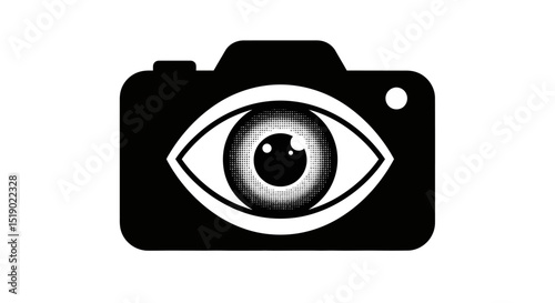 Monochrome Camera Icon with Halftone Eye Detail