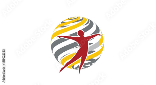 Red Figure with Arms Outstretched in Front of Striped Globe