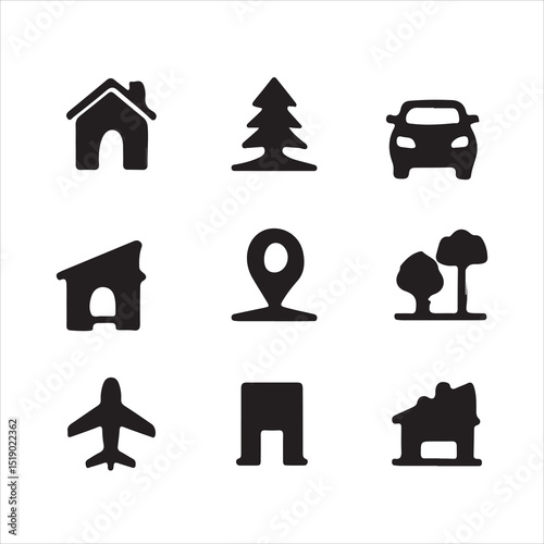 a collection of nine simple, black silhouette icons representing various locations and transportation vector art on white