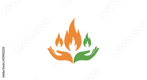 Hands holding flames one green two orange stylized logo