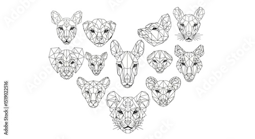 Geometric Line Art Depicting Various Animal Head Portraits