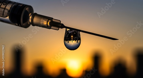 Sunset Silhouette: A Vaccine's Promise Reflected in a Dewdrop