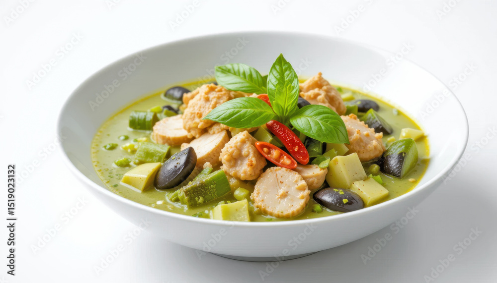 A vibrant bowl of Thai green curry features tender chicken pieces, assorted vegetables, and aromatic basil, creating a flavorful and visually appealing dish. A vibrant bowl of Thai green curry features tender chicken pieces, assorted vegetables, and aromatic basil, creating a flavorful and visually appealing dish.