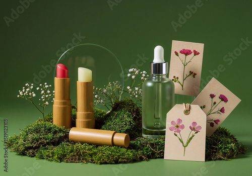 Natural minimalist lip balms and face oil in bamboo tubes on moss with pressed flowers suggesting eco-conscious organic brand