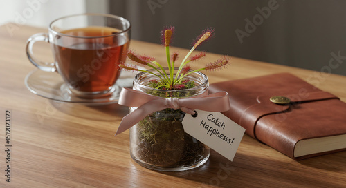 Cozy Sundew Plant in Glass Jar with Inspirational Message and Tea Setting