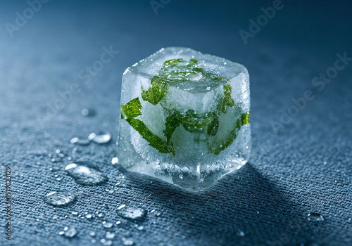 Minimalist Frozen Mint Ice Cube in Cool Blue Tones for Refreshing Beverages