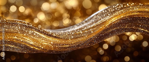 Golden liquid wave, sparkling bokeh background. Luxurious, elegant abstract design