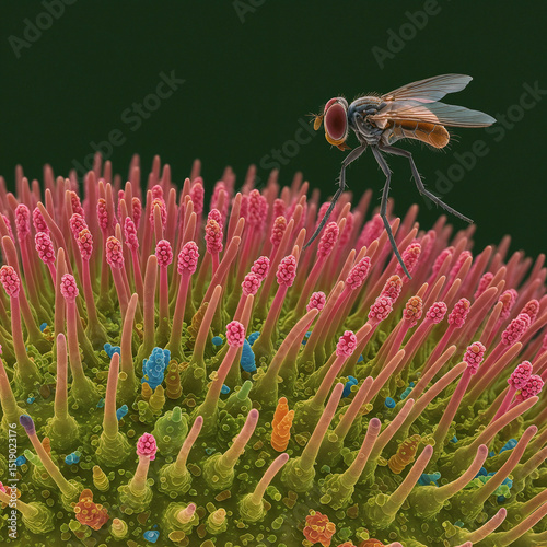 Microscopic View of Fly on Textured Plant Surface in Scientific Detail
