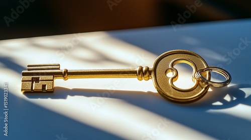 Golden skeleton key rests on a surface, bathed in sunlight, casting shadows.  A key ring is attached