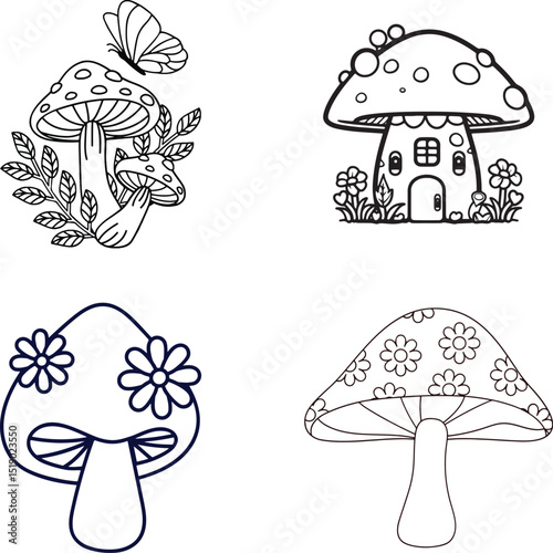 Mushroom doodle set with floral and fantasy elements.