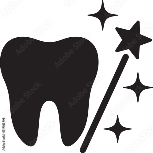 Tooth and wand icon silhouette vector. Perfect for magical smile, dental transformation, and cosmetic care.
